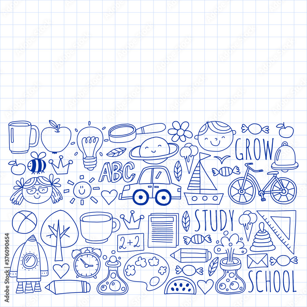 Back to School vector doodle set. Supplies for sport, art, reading, science, geography, biology, physics, mathematics, astronomy, chemistry. Back to School vector doodle set. Supplies for sport, art, reading, science, geography, biology, physics, mathematics, astronomy, chemistry.