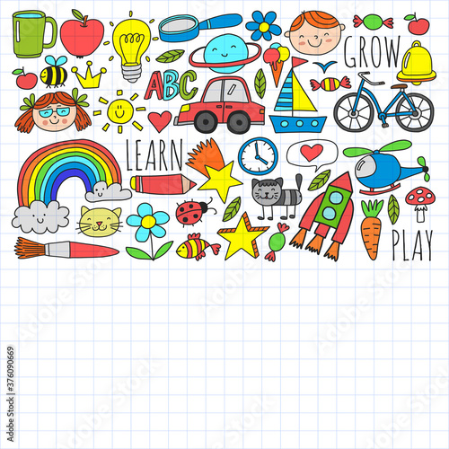 Back to School vector doodle set. Supplies for sport, art, reading, science, geography, biology, physics, mathematics, astronomy, chemistry.