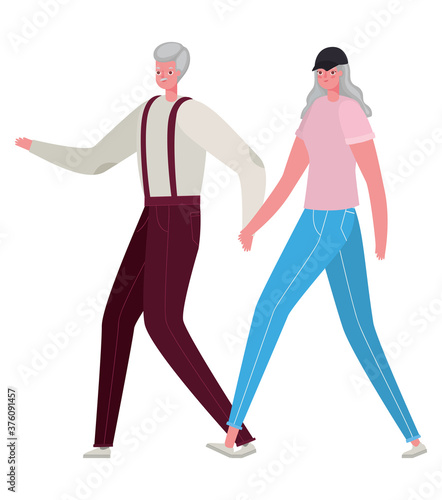 Senior woman and man cartoons walking holding hands vector design