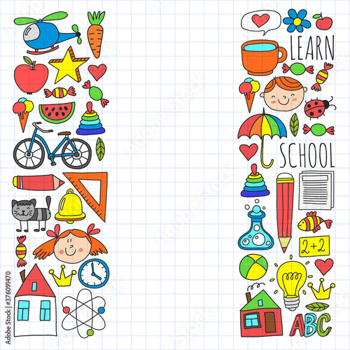 Back to School vector doodle set. Supplies for sport, art, reading, science, geography, biology, physics, mathematics, astronomy, chemistry.