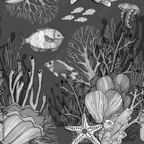 Seamless pattern with nautical sea treasure marine life. Black and white