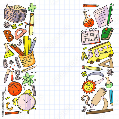Back to School vector doodle set. Supplies for sport, art, reading, science, geography, biology, physics, mathematics, astronomy, chemistry.