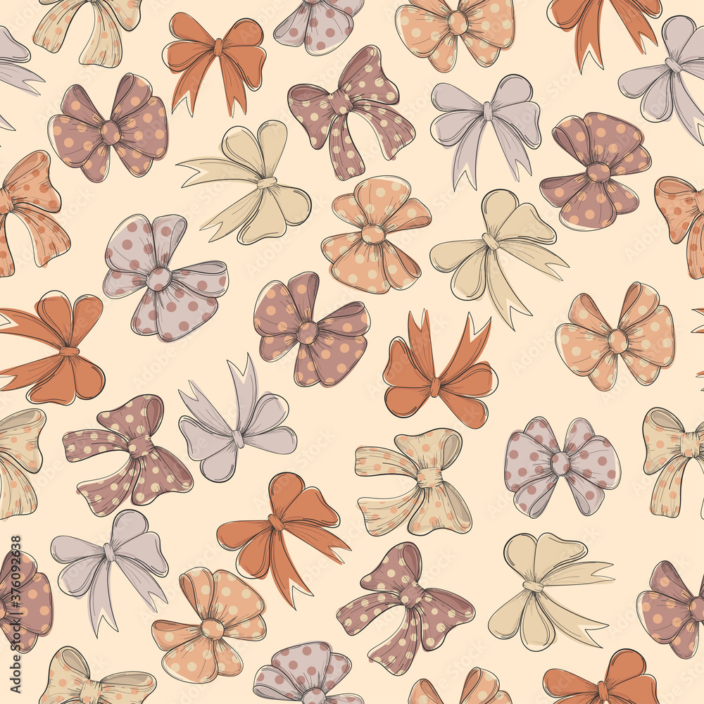Seamless pattern background with beige dotted bow and bow-tie. Vector backdrop for holiday decorating greeting cards for wedding, birthday, Valentine's day, new year, Christmas. Seamless pattern background with beige dotted bow and bow-tie. Vector backdrop for holiday decorating greeting cards for wedding, birthday, Valentine's day, new year, Christmas.