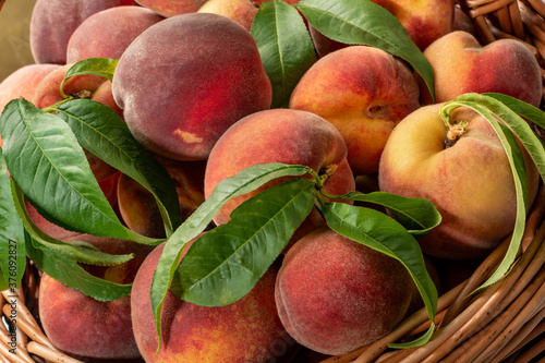 close-up of a group of orange peaches in a basket