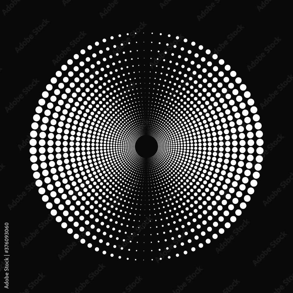 White halftone dots. Round form. Geometric art. Trendy design element for frame, logo, tattoo, sign, symbol, web, prints, posters, template, pattern and abstract background
