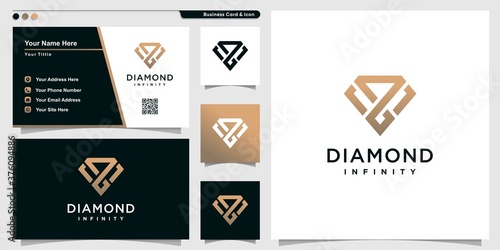 Diamond logo with infinity outline art style and business card design template Premium Vector
