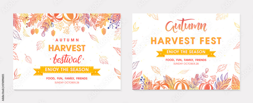 Autumn seasonals postes with leaves and floral elements in fall colors.Greetings and harvest fest banners perfect for prints,flyers,banners,invitations.Trendy fall designs.Vector autumn illustrations