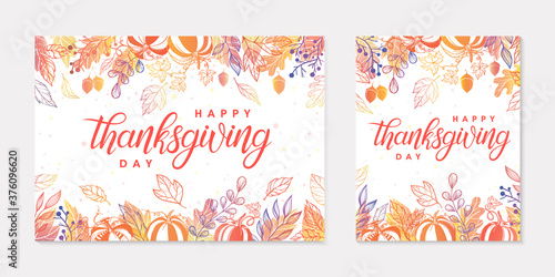Thanksgiving postes with leaves and floral elements in fall colors.Greetings cards perfect for prints; flyers; banners; invitations.Trendy fall designs.Vector autumn illustrations
