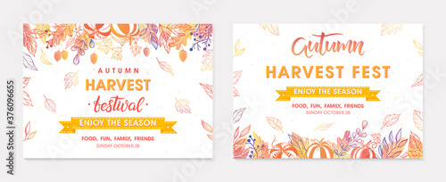 Autumn seasonals postes with leaves and floral elements in fall colors.Greetings and harvest fest banners perfect for prints,flyers,banners,invitations.Trendy fall designs.Vector autumn illustrations