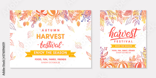 Autumn seasonals postes with leaves and floral elements in fall colors.Greetings and harvest fest banners perfect for prints,flyers,banners,invitations.Trendy fall designs.Vector autumn illustrations