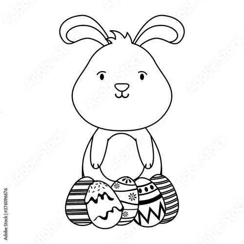 cute easter rabbit with eggs painted character line style