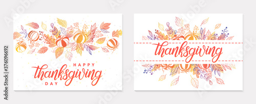 Thanksgiving postes with leaves and floral elements in fall colors.Greetings cards perfect for prints; flyers; banners; invitations.Trendy fall designs.Vector autumn illustrations