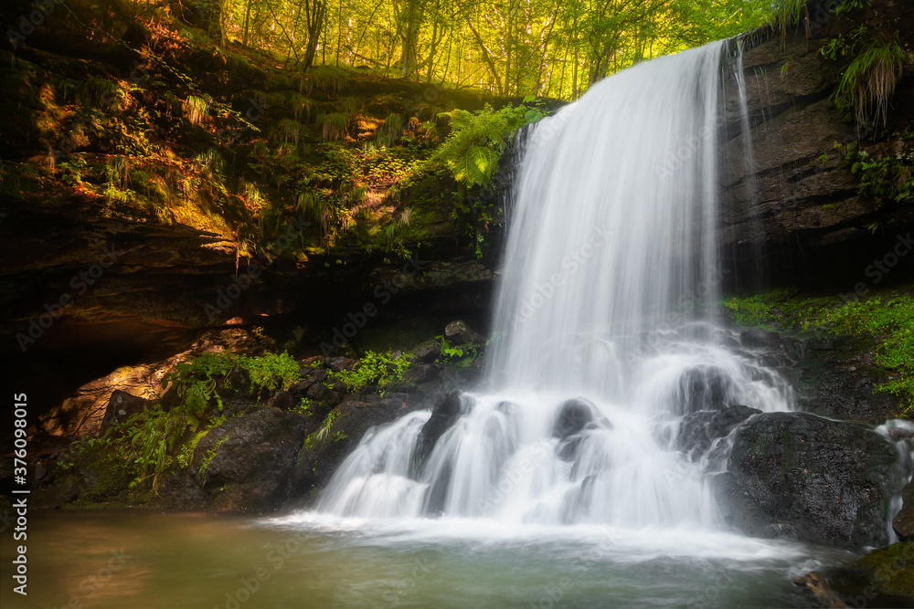 Obraz premium Amazing beauty of scenic long exposure photo of a waterfall called Skok (The Jump) in village on Old mountain called Senokos, surrounded by sunlit green plants