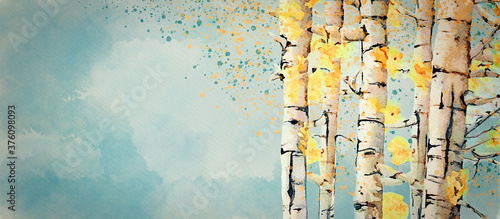 Autumn, birch trees. Watercolor background