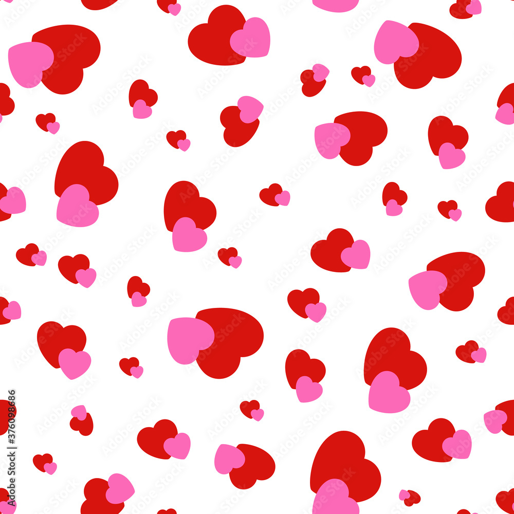 Trendy seamless pattern of red and pink hearts isolated on white background .Vector graphic.
