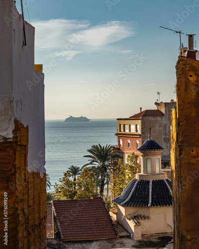 beautiful view of the mediterranean ocean, and church dome and cruise from the mountain
