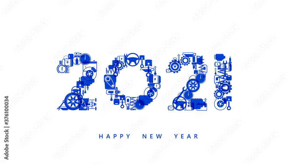Vector Happy New Year 2021 text design with auto maintenance parts for car mechanic service concept isolated on white background. Vector Happy New Year 2021 text design with auto maintenance parts for car mechanic service concept isolated on white background.