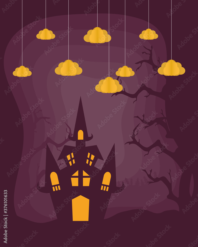 happy halloween card with castle and clouds hanging