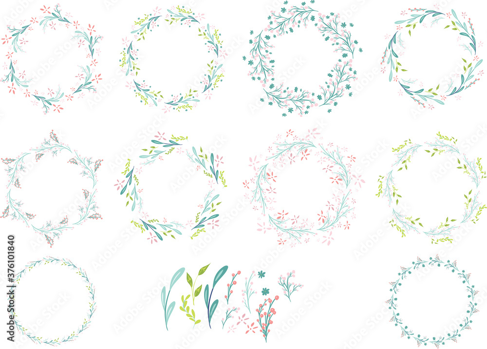 Beautiful set of hand-drawn wreath of green-yellow-red pastel colored floral on white background