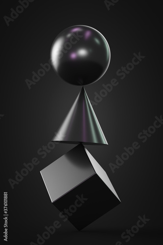 Shapes balancing on each other: cube, cone, sphere. Dark theme.
