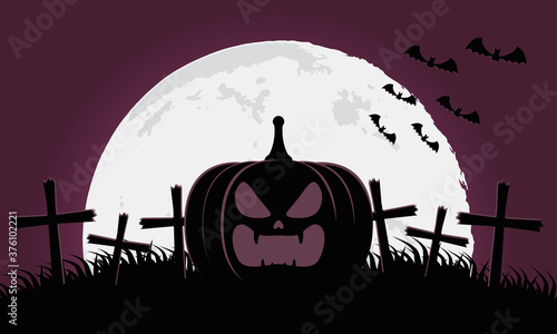 happy halloween card with pumpkin in cemetery scene