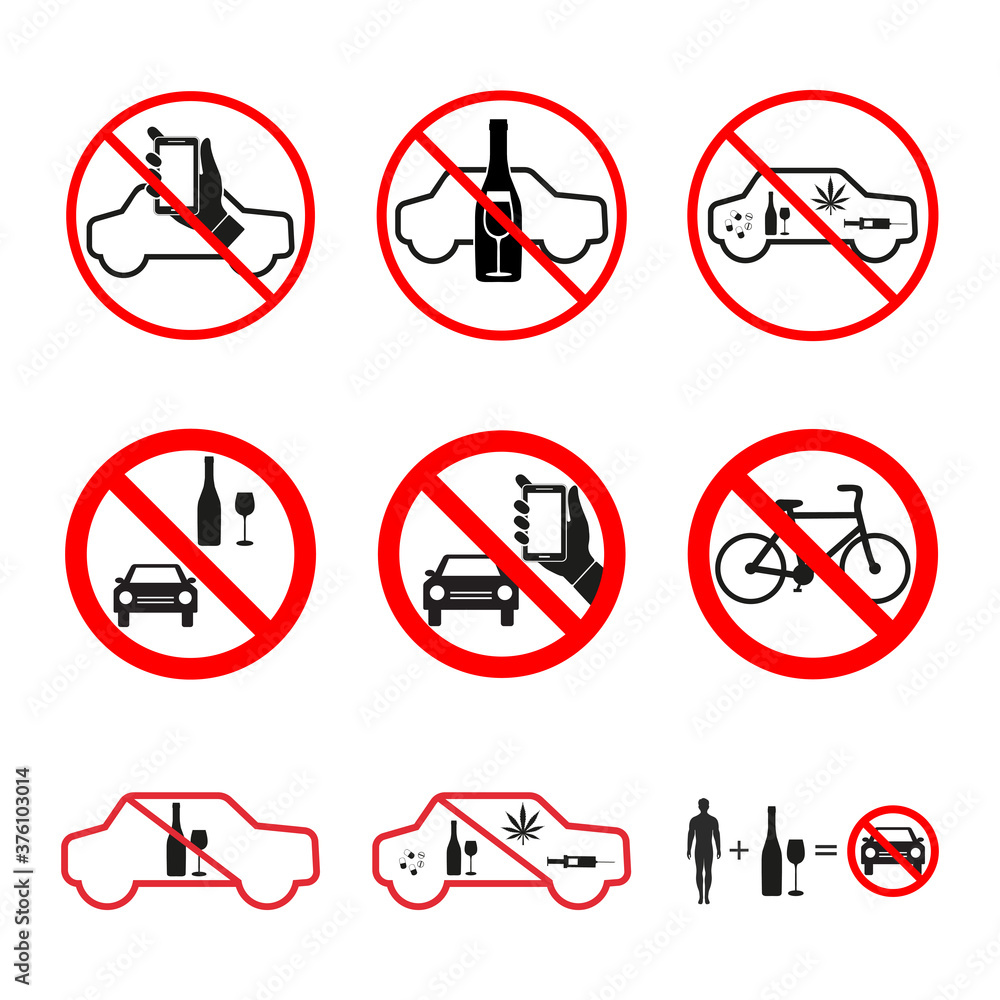 illustration set of signs prohibited alcohol, drugs driving a car on a white background illustration set of signs prohibited alcohol, drugs driving a car on a white background