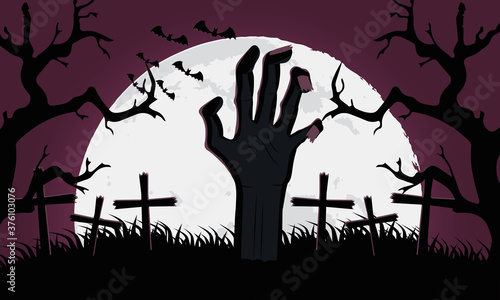 happy halloween card with death hand in cemetery scene