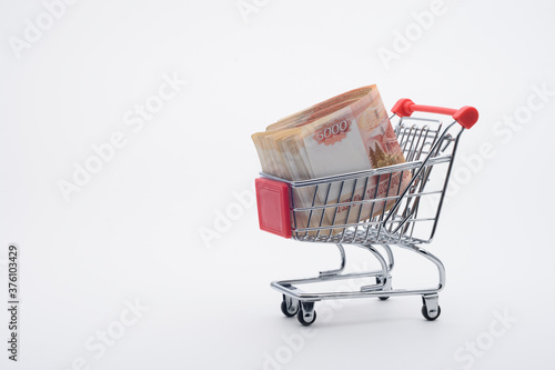 there is a bundle of Russian five-thousandth bills in the grocery cart