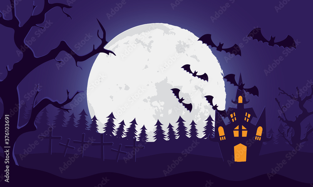 happy halloween card with castle and bats flying in cemetery scene happy halloween card with castle and bats flying in cemetery scene