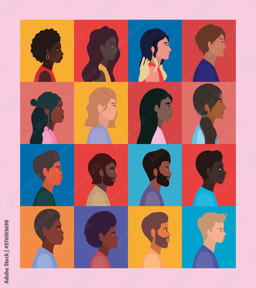 diversity of women and men cartoons in frames vector design diversity of women and men cartoons in frames vector design