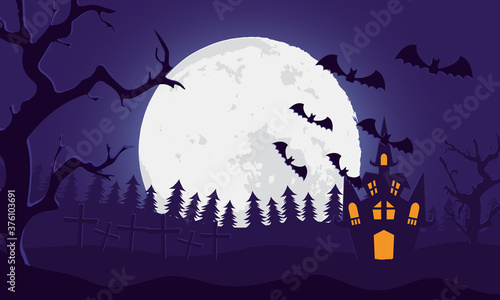 happy halloween card with castle and bats flying in cemetery scene