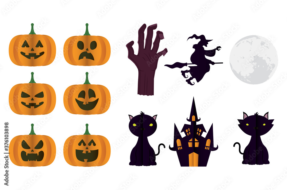 happy halloween card with bundle of pumpkins and icons
