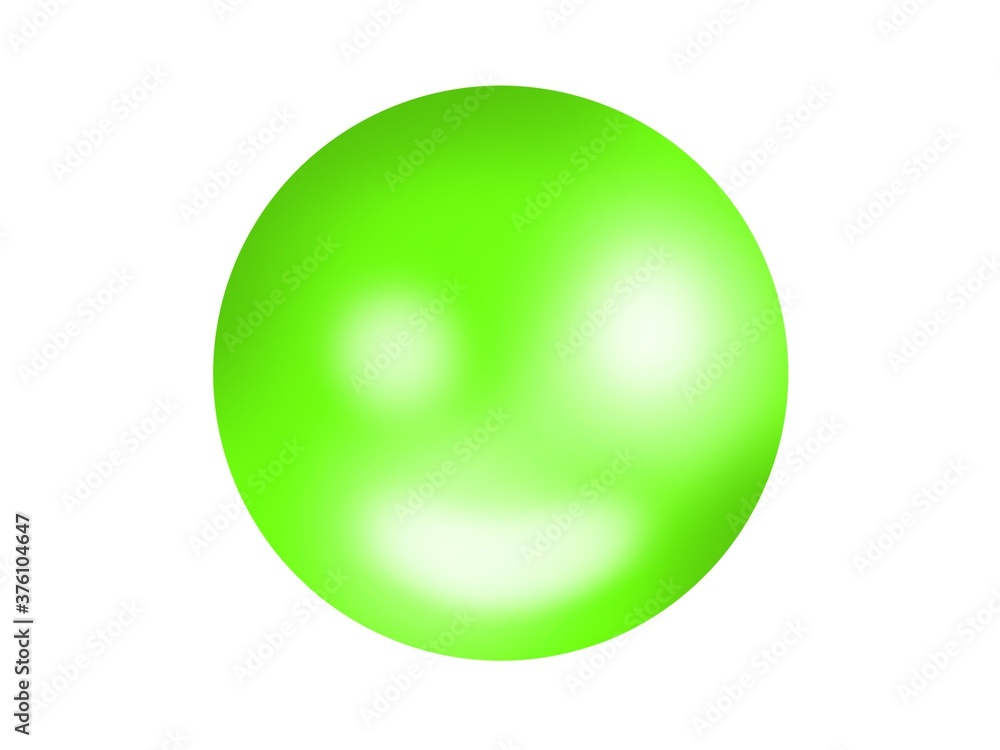 A bright green ball with a glossy surface and reflective shadows resembling a smiling face.  Illustration created on a tablet, use it for graphic design or clip art work.