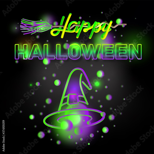 Happy halloween neon green purpul colors with broom and witches hat