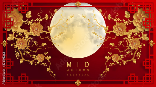 Mid Autumn festival or Moon festival with rabbit and moon, mooncake ,flower,chinese lanterns with gold paper cut style on color Background. ( Translation : Mid Autumn festival )