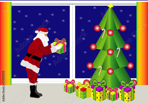 Papá Noël o Santa Claus dejando los regalos de Navidad en el pino cc