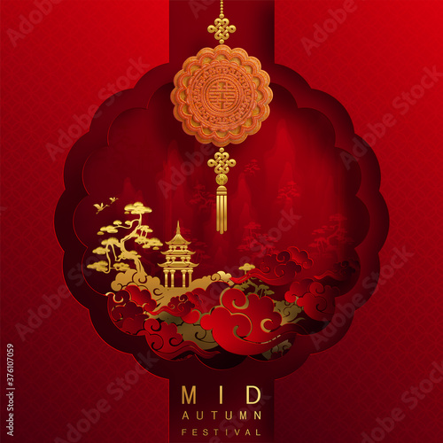 Mid Autumn festival or Moon festival with rabbit and moon, mooncake ,flower,chinese lanterns with gold paper cut style on color Background. ( Translation : Mid Autumn festival )