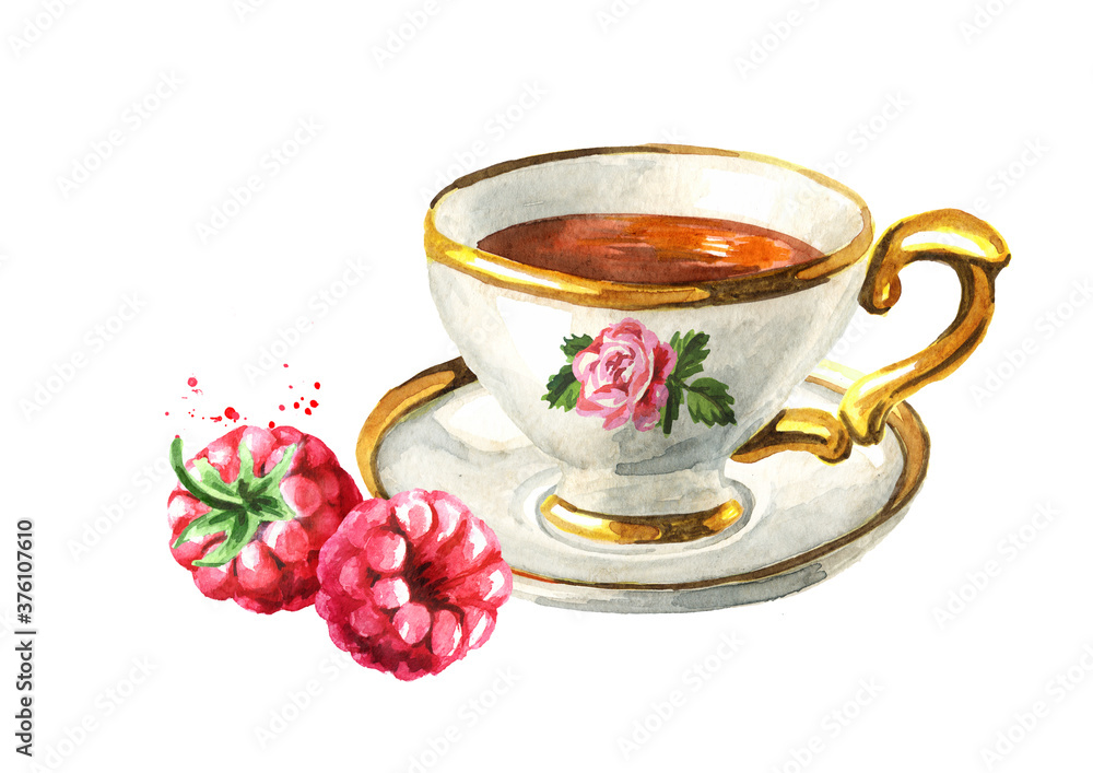 Fototapeta premium Cup of tea with Raspberry. Hand drawn watercolor illustration isolated on white background
