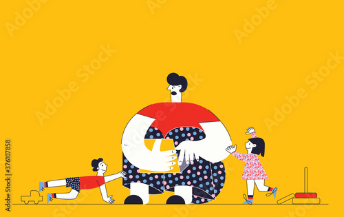 Frustrated parent. Work from home. Father is working on laptop and children boy and girl playing around. Stress job conditions. Difficult parenting flat vector cartoon illustration for web design, app