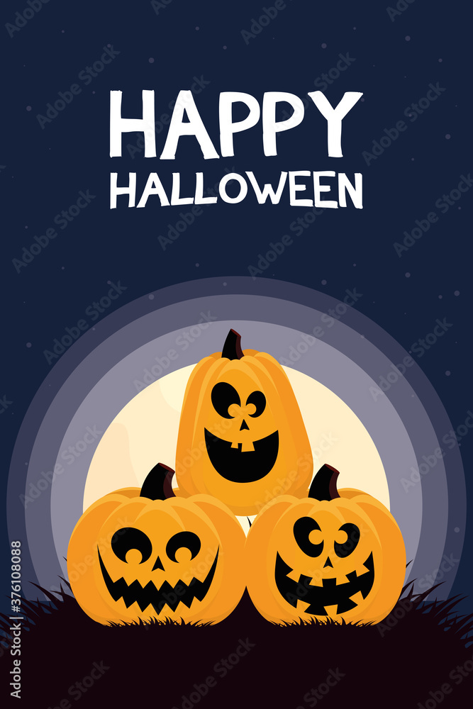 happy halloween card with pumpkins and lettering at night happy halloween card with pumpkins and lettering at night
