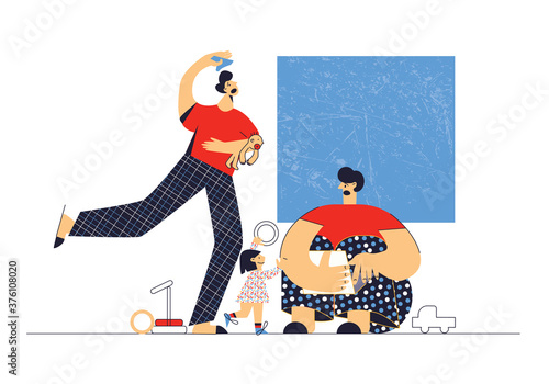 Frustrated parents. Gay male couple with children. Tired young dad working with laptop . Men frustrated and upset from children behaviour. Flat vector cartoon illustration isolated on white background