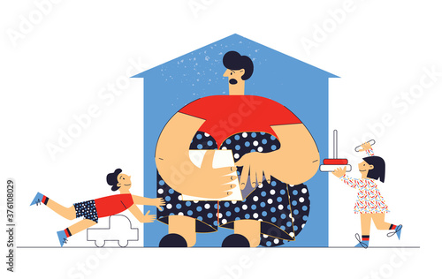 Frustrated parent. Work from home. Father is working on laptop and children boy and girl playing around. Stress job conditions. Difficult parenting flat vector cartoon illustration isolated on white