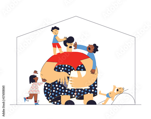 Difficult and frustrated parenting. Work from home. Multicultural family, adoptive father and children. Tired single dad feels exhausted with many kids. Flat vector cartoon illustration with character