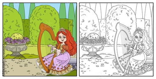 Beautiful princess playing the celtic harp in palace park with topiary and flowers color and outlined for coloring