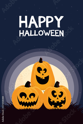 happy halloween card with pumpkins and lettering at night