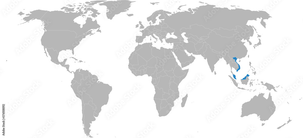 Obraz premium Vietnam, Malaysia countries isolated on world map. Maps and Backgrounds.