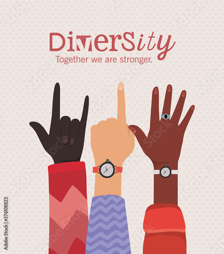 diversity together we are stronger with rock one and open hands vector design