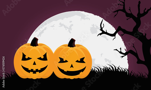 happy halloween card with pumpkins and moon scene