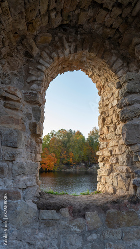 Autumn Landscape of Old Koknese Castle Ruins and River Daugava Located in Koknese Latvia. Medieval Castle Remains in Koknese.