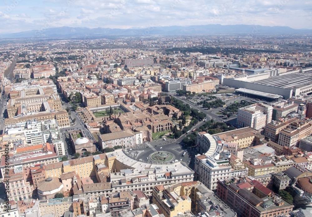 Aerial view of the Plaza de la Republica close to the central train terminal in the city of Rome, Italy